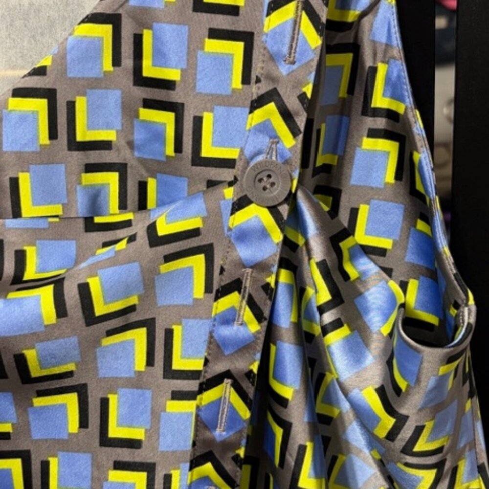 Wildfang‎ Empower Satin Slip Dress XL Blue Yellow Geometric Mod Belted Print New - Picture 5 of 11
